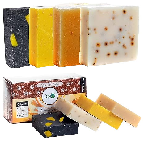 360 Feel Men's Soap bar Handmade -Masculine fragrance-, Patchouli, Pine Tar with Charcoal Beeswax,Citrus - Gift pack- Natural Men Soap- Gift for him Bay Rum, 4 Count (Pack of 1)