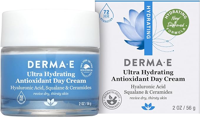 Derma E Ultra Hydrating Antioxidant Day Cream – Face Moisturizer with Hyaluronic Acid, Squalane, and Ceramides to Smooth and Nourish, Hydrating Face Moisturizer for Sensitive Skin, 2 Fl Oz